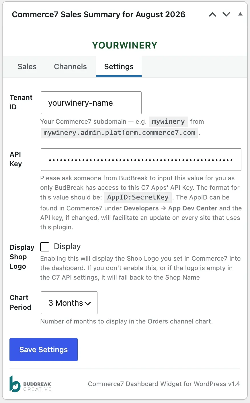 Settings tab inside the widget with Tenant ID and API Key fields, a Display Shop Logo checkbox, a Chart Period dropdown set to 3 months, and a Save Settings button