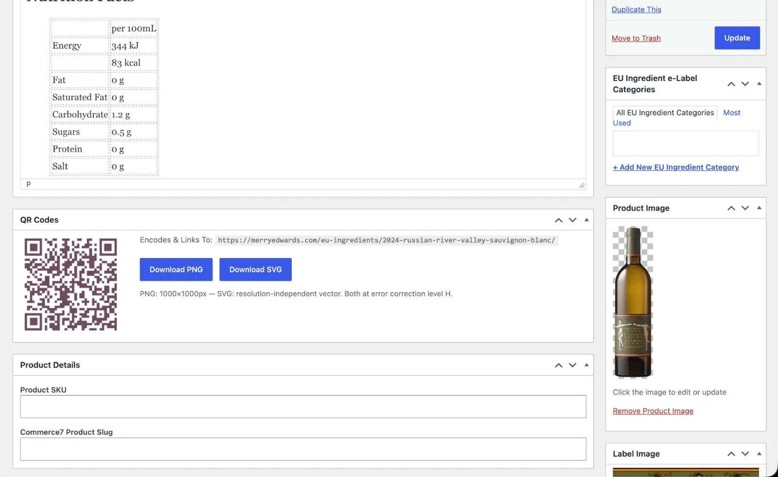 WordPress edit screen for an eLabel page showing a nutrition facts table in the editor, a QR Codes metabox with Download PNG and Download SVG buttons, Product Details fields, and Product Image and Label Image panels