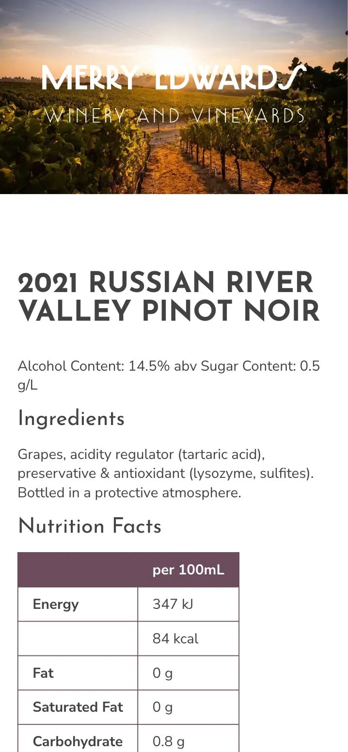 Published eLabel page on a phone showing the winery's header image, wine name, alcohol and sugar content, ingredients list and a nutrition facts table