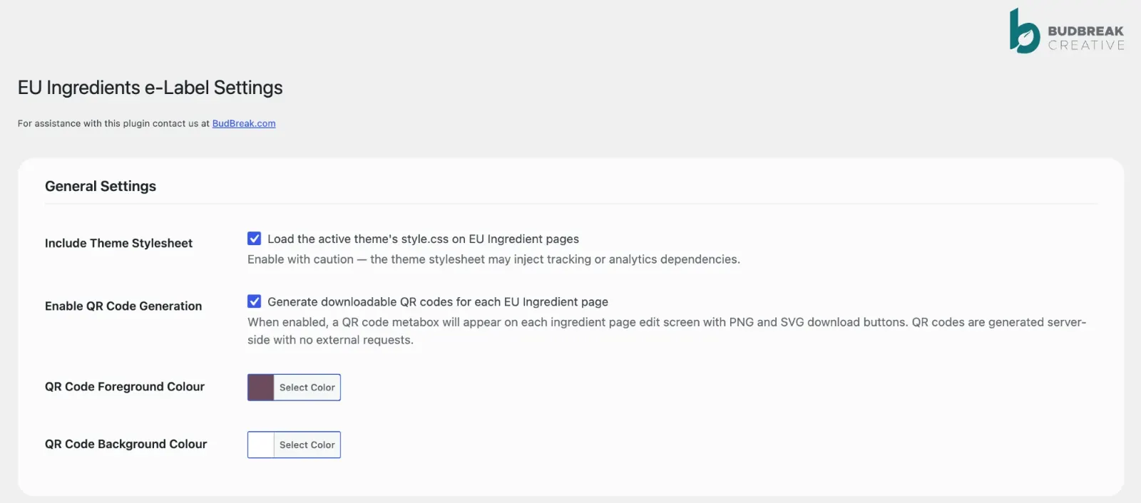 EU Ingredients e-Label Settings screen with options to include the theme stylesheet, enable QR code generation, and pick QR foreground and background colours