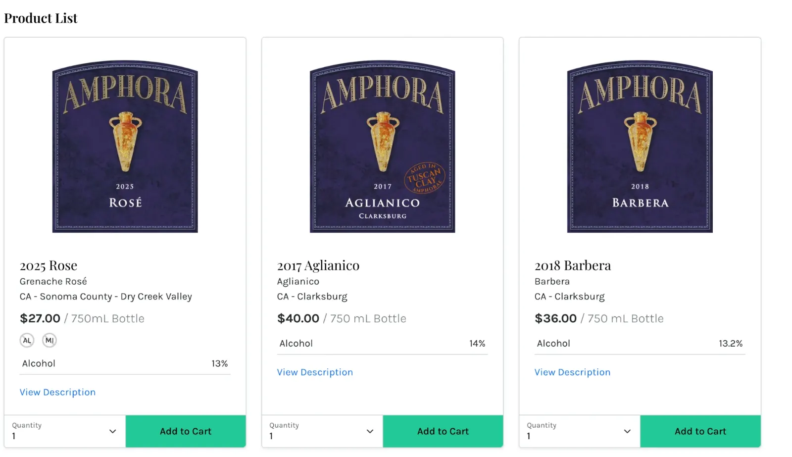 VinoShipper product list on a winery site showing three wines with labels, appellation, price, alcohol and Add to Cart buttons