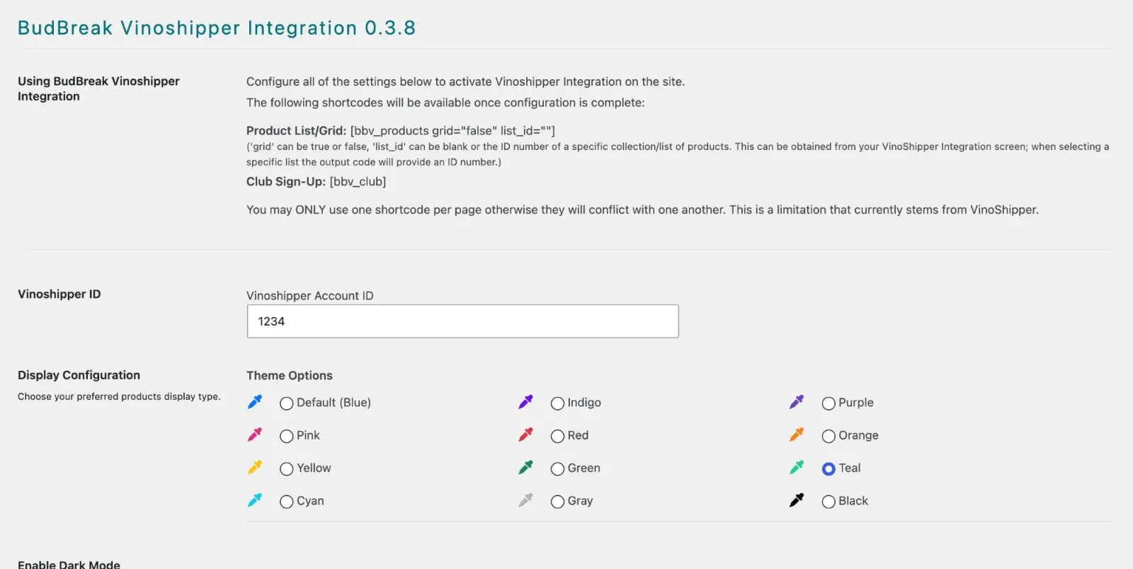 BudBreak VinoShipper Integration settings screen showing the shortcode reference, VinoShipper Account ID field, twelve theme options with colour indicators, and the dark mode checkbox