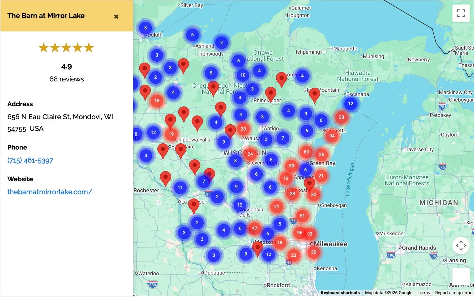 Front-end vendor map with the info panel open on a venue, showing its star rating, review count, address, phone and website beside clustered markers across Wisconsin