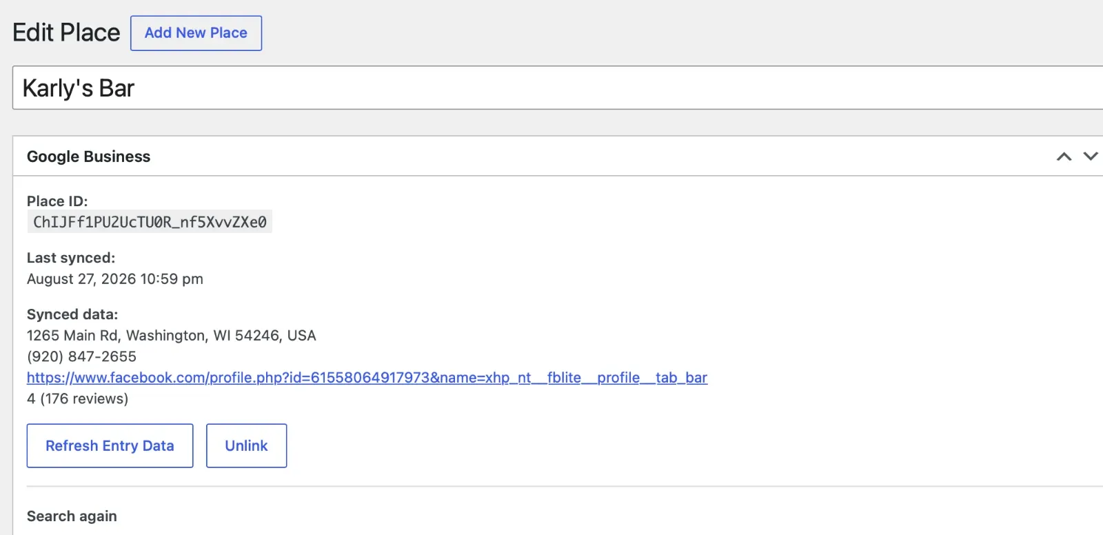 Edit Place screen for a linked vendor showing Place ID, last synced timestamp, synced address, phone, website and rating, with Refresh Entry Data and Unlink buttons