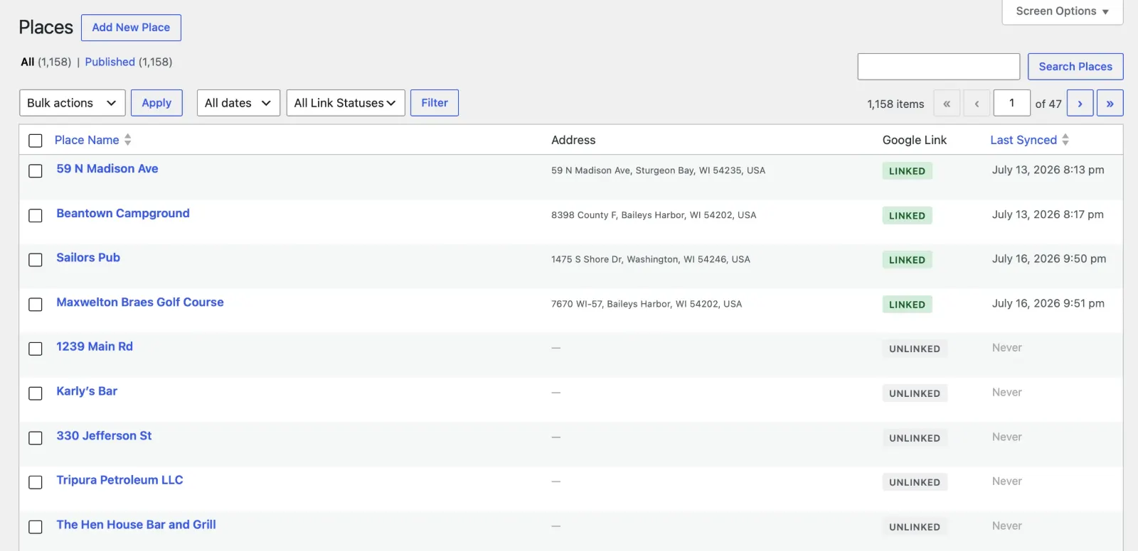 WordPress Places list table showing 1,158 published places with Address, Google Link and Last Synced columns, and Linked or Unlinked badges